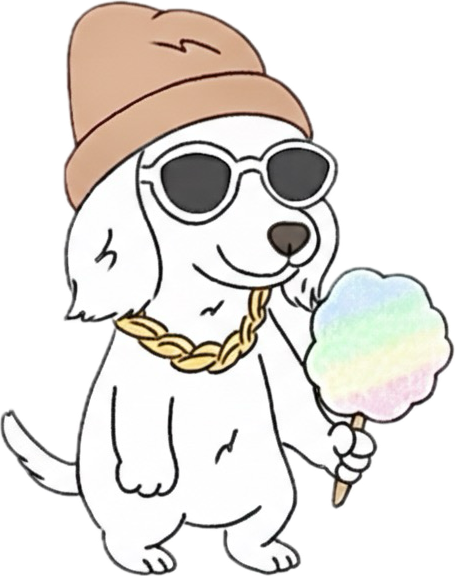 虹色の綿菓子を持った垂れ耳の犬のキャラクター
