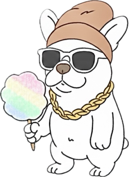 虹色の綿菓子を持った立ち耳の犬のキャラクター